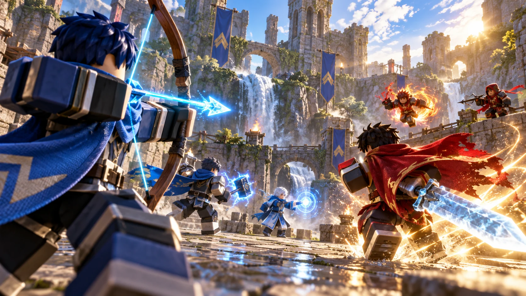 Blue and red blocky fighters duel with bow and sword in a stone arena