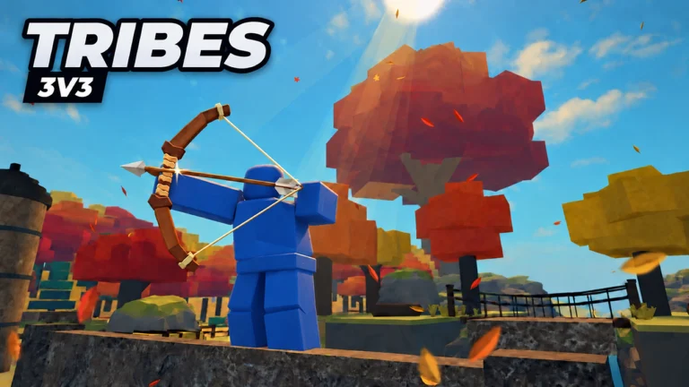 Official Tribes 3v3 promo still: blue archer in an autumn voxel forest