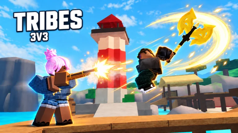 Official Tribes 3v3 promo still: daylight voxel island, lighthouse, and a flintlock shot