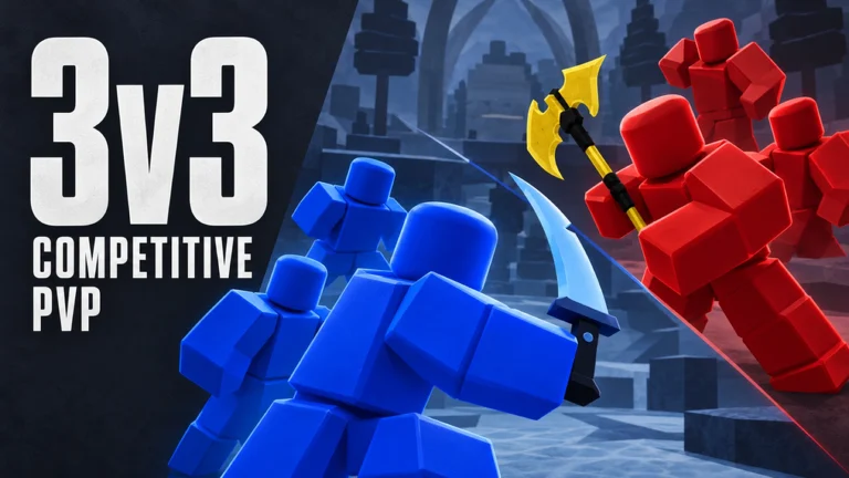 Official Tribes 3v3 promo still: blue team with an ice-blue katana facing a red team with a gold gem axe in a stone arena